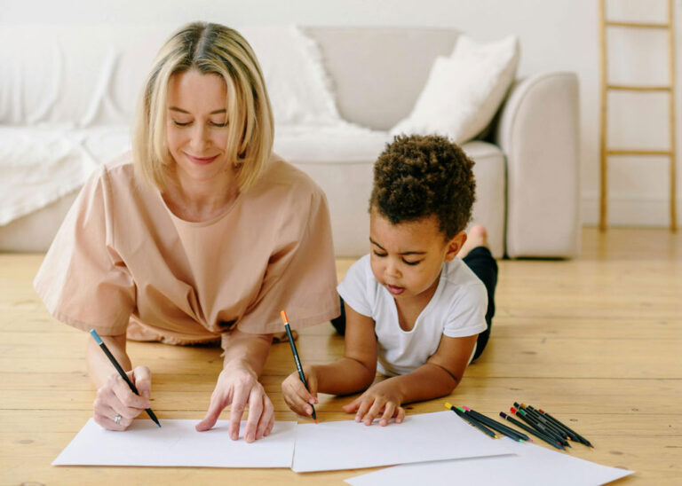 mother and child coloring on the floor, psychological testing, McKinney, TX